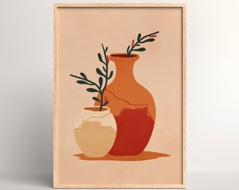 Peut inclure: Une impression encadrée d'une illustration minimaliste représentant deux vases en terre cuite avec une seule brindille de feuilles vertes dans le plus grand vase. L'arrière-plan est de couleur pêche clair.