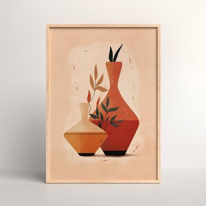 Puede incluir: Una ilustración enmarcada de dos jarrones de terracota con una planta estilizada sobre un fondo melocotón.