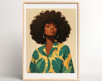 African Woman Digital Print | Black Woman Poster | Tropical Fashion Print | Natural Afro Hair Style | Boho Style | Black Art | Summer Print
