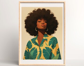 Vintage African Woman Digital Print | Tropical Fashion Poster | Black Woman Poster | Natural Afro Hair | Boho Chic Poster |Black Queen Decor
