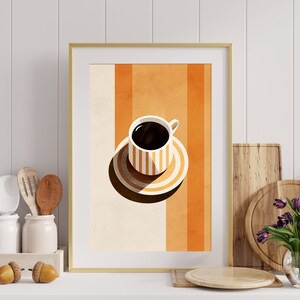 Puede incluir: Una ilustraci&oacute;n enmarcada de una taza de caf&eacute; en un platillo con rayas naranjas y blancas. El fondo es un patr&oacute;n de rayas naranjas y blancas.