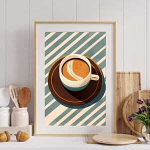 May include: A framed illustration of a cup of coffee with a swirl of cream on top, sitting on a brown saucer. The background is a blue and white striped pattern.