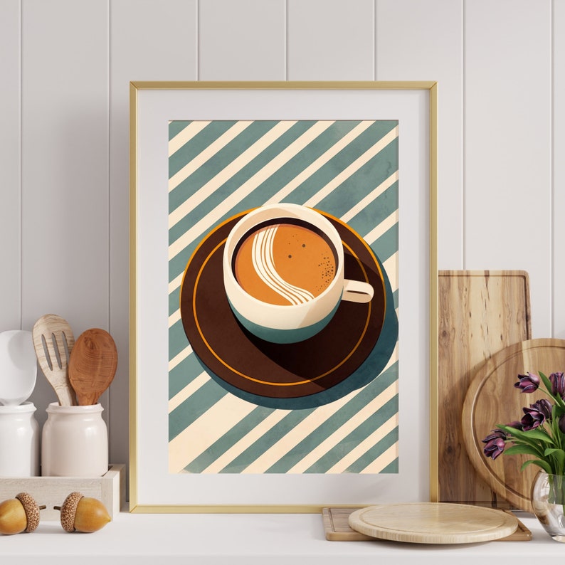 May include: A framed illustration of a cup of coffee with a swirl of cream on top, sitting on a brown saucer. The background is a blue and white striped pattern.