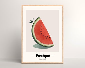 Minimalistischer Wassermelone Digitaldruck | Aquarell Melon Wandkunst | French Fruit Name Print | Obst Illustration | Buntes Obst Wanddeko