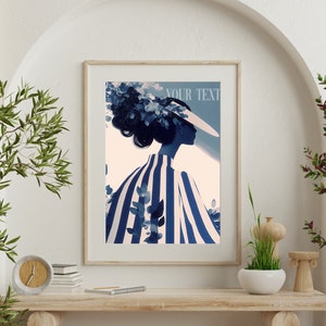 vogue print digital.
Image featuring an illustration with text that can be customized.
Vintage monochrome illustration of a woman with long wispy strands and flowers, wearing a large wavy vintage hat and wearing high fashion striped clothing.