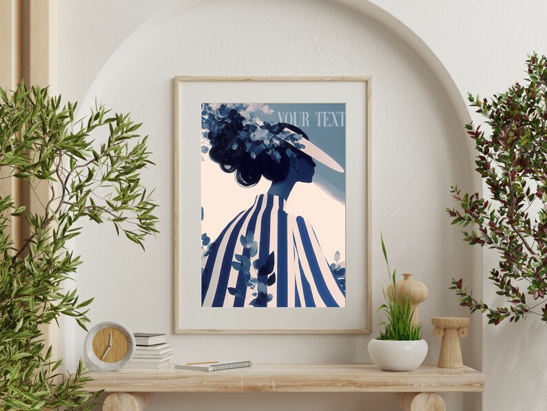 vogue print digital.
Image featuring an illustration with text that can be customized.
Vintage monochrome illustration of a woman with long wispy strands and flowers, wearing a large wavy vintage hat and wearing high fashion striped clothing.