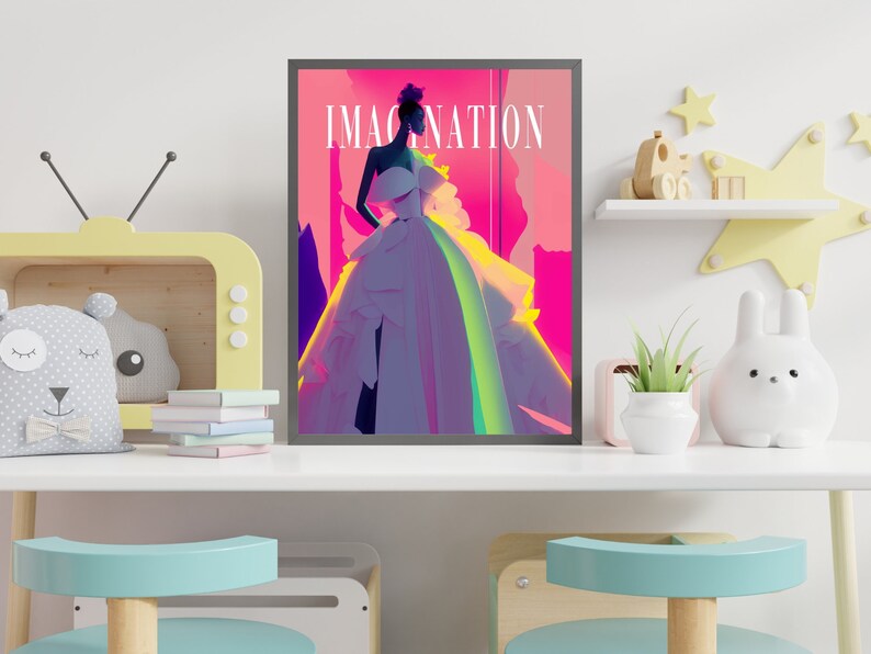 May include: A framed poster with a colorful illustration of a person wearing a white dress with a rainbow gradient. The poster has the word "IMAGINATION" printed in black letters.