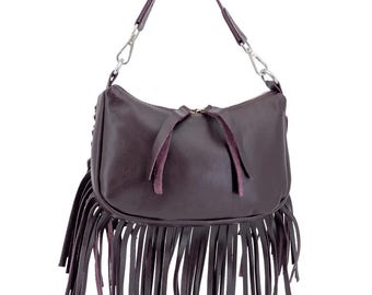 Burgundy Western Fringe Leather Crossbody Bag, Boho Cowgirl Purse, Rodeo Shoulder Handbag
