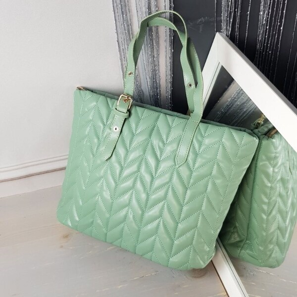 Fashionable Women light green quilted PU leather Handbag Purse Bag Designer Top Handle Tote Bag for every day - Handmade in Ukraine