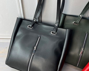 Fashionable black large bag for women - handmade eco-leather woman's shoulder bag from Ukraine