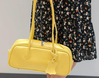 Baguette Bag Yellow Y2K, Vegan Leather Shoulder Purse, 90s Minimalist Style, Women"s Handbag