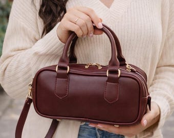 Mini Bowling Bag Crossbody, Vegan Leather Top Handle Bag, Small Minimalist Everyday Purse