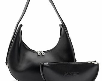 Vegan Leather Crescent Shoulder Bag with Matching Pouch, Minimalist Hobo Handbag for Women