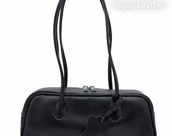 90s Style Vegan Leather Baguette Shoulder Bag, Minimalist Everyday Handbag