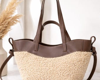 Teddy Sherpa Shoulder Bag, Vegan Leather Handmade Winter Handbag, Luna