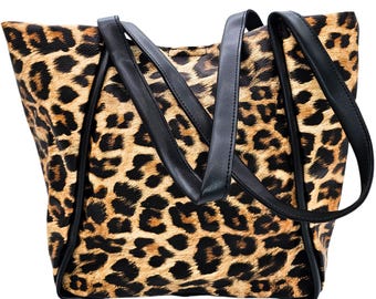 Large Laptop Work Travel Leopard Print Vegan Leather Tote Bag for Women Eco-Friendly