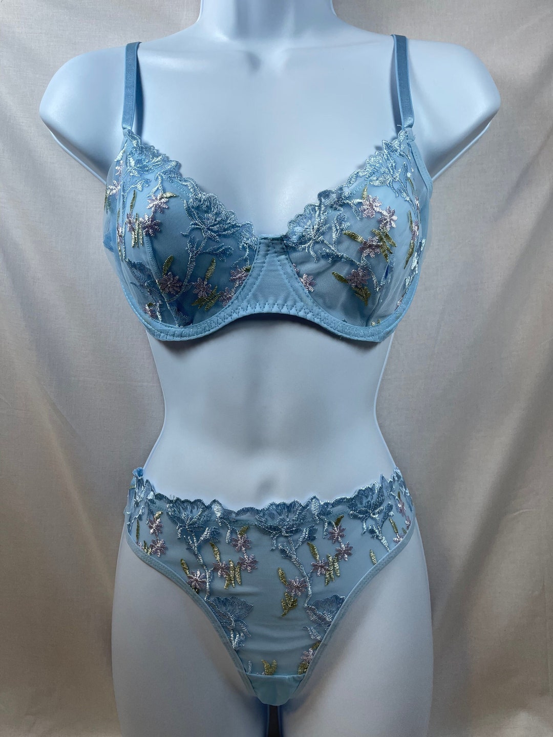 Luxe Sheer Blue Feathered Robe & Thong Lingerie Set