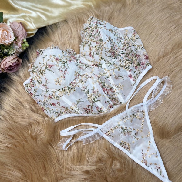 Ensemble de lingerie nuptiale brodée de fleurs, lingerie boudoir, lingerie de mariage sans bretelles