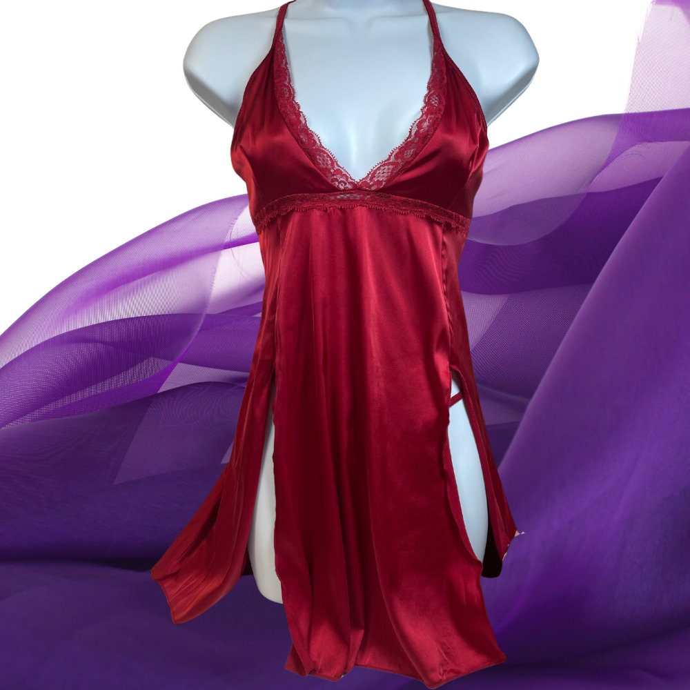 90s Red Satin Tulip Nightie Slip Dress Tassel Gold Label