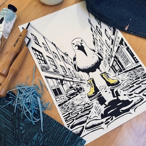 Beaky Gangs: Dublin Seagull Linocut Print. Limited Edition Hand-Printed Art. Original bird art in the city