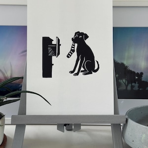 Sock Thief - Mini Print - Original handmade linocut art print. Dog puppy art. Home gift for art gallery wall for dog lover