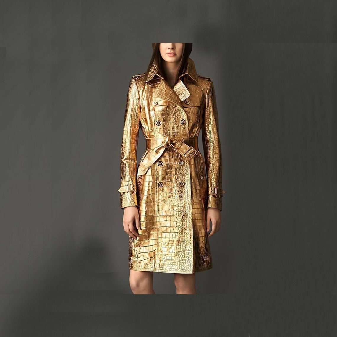 Metallic Gold Crocodile Embossed Leather Trench Coat Golden 