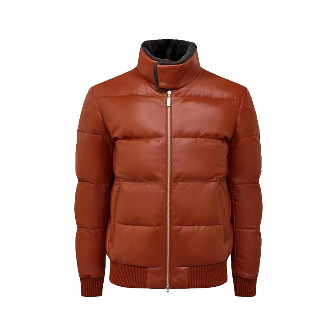 Leather Puffer Jacket Warm Puffer Leather Jacket for Men Brown Leather ...