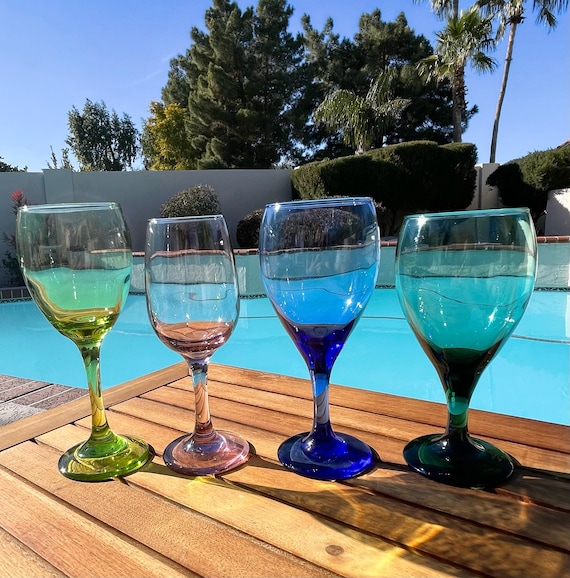 Set of 4 Vintage Assorted Color Wine Glasses, Cocktail Barware, Blue Wine,  Green Wine, Pink Wine, Lime Wine Glasses 