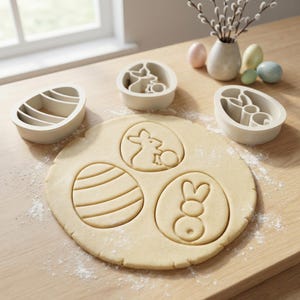 Osterei Ausstecher 3er-Set, 5x4cm, spülmaschinenfest, integrierter Stempel, Set oder Einzeln, Ausstechform Osterhase, Osterbacken, Osternest