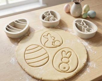Osterei Ausstecher 3er-Set, 5x4cm, spülmaschinenfest, integrierter Stempel, Set oder Einzeln, Ausstechform Osterhase, Osterbacken, Osternest