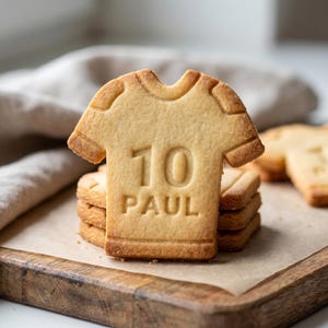 Peut inclure: Un biscuit en forme de maillot à manches courtes de couleur brun clair, avec le numéro 10 et le nom PAUL embossés sur le devant. Le biscuit est empilé avec d'autres de la même forme, présentant une texture cuite lisse et des bords nets.