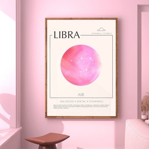 Cartel del zodíaco de Libra, impresión de astrología imprimible arte de pared espiritual de aura rosa, regalo para Libra, cartel del zodíaco para la habitación