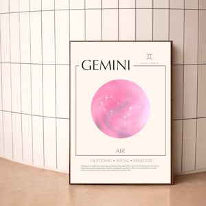 Gemini Zodiac Sign Poster Download Print, Zodiac Sign Pink Printable, Spiritual Wall Art, Aura Poster Astrology Gemini Sign Print