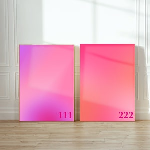 Engelnummerposterset, 111 222 auraprint, positieve energiefoto, ombre kleurrijke minimale wanddecoratie, gradiëntroze trendy nummerprint DIGITAAL