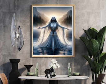 Lady of the Lake, Legend, Mystic, Fantasy, Sword, Forest, Mist, Sunrise, Spell, King Maker, Druid, Elevated Décor, Instant Digital Download