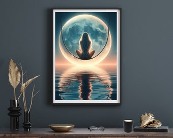 Moon Child in the Night Sky, Ocean Reflection, Celestial Art, Blue, Blush, Woman Manifesting, Fantasy, Instant Digital Download Printable