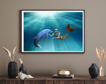 Mermaid and Dolphin, Ocean, Under the Sea, Friendship, Waves, Azure Blue Water, Nature, Wall Décor, Instant Digital Download