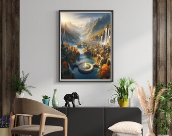 Impresión de un río de pueblo mítico, arte de una cascada de un castillo de fantasía (descarga digital)