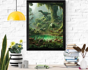 Dinosaurs in the Mist, Prehistoric, Lush Vegetation, Waterhole, Carnivore, Herbivore, Elevated Décor, Instant Digital Download