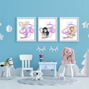 May include: Three framed prints of fairy illustrations. Each print features a different fairy with wings and a whimsical background of purple and pink.