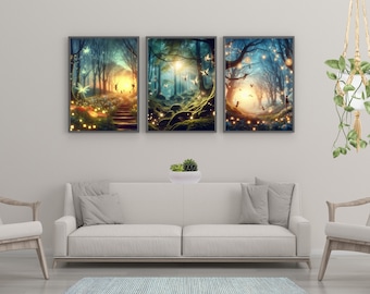 Fairies at Dusk,Mythical, Fantasy, Modern, Blue, Green, Forest,  Legends, Triptych, Set, Woodland, Digital printable Instant download