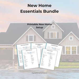Op de afbeelding: Een digitale bundel met printbare checklists getiteld New Home Essentials Bundle en Printable New Home Setup, met lijsten voor verhuizing, gereedschap, schoonmaak, slaapkamer en keuken, inclusief de tekst DigitalOrnamentation.