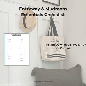Puede incluir: Un documento digital titulado Entryway & Mudroom Essentials Checklist que presenta una lista de artículos para el hogar. El texto incluye el título Entryway & Mudroom Essentials Checklist y la nota Instant Download | PNG & PDF Formats.