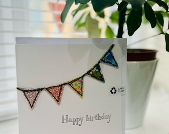 Happy Birthday Card. Bunting. Appliqued Fabric. Liberty. Machine embroidered. Unique. Handmade.