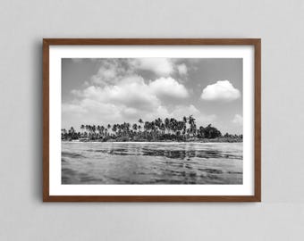 Tropical beach and palm trees in Sri Lanka - Black and White Fine Art Ocean Print, Beachy Wall Art for Living Room and Wall Art for Bedroom.