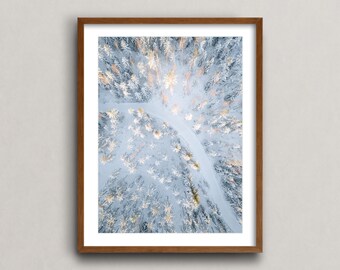 Arctic Winter Road Sunset in a Snowy Forest in Finland  - Fine Art Photography Wall Art, Arctic Poster, Drone Photography, Aesthetic Print