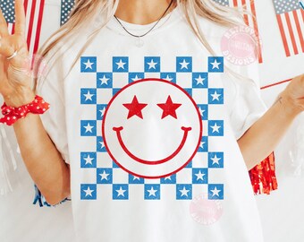 Retro 4th of July Happy Face Svg Png, Fourth of July Svg, American Svg, Independence Day, American Smiley Png, Checkered 4th of July Svg Png