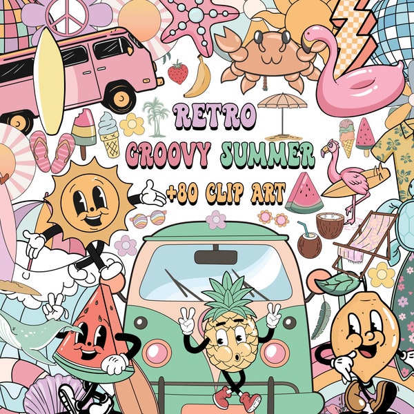 Retro Groovy Summer Clipart PNG Bundle, retro summer png, Boho Hippie summer clipart, Vitage Clip Art Bundle, digital download