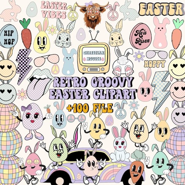 Retro Groovy easter clipart Bundle,  Easter Clip Art png bundle, Spring clipart, Easter Basket Clipart, Kids Easter Clip Art, png bundle
