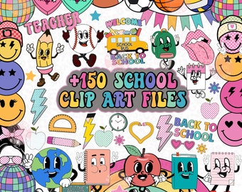 Retro School Clipart Bundle, Teacher Clipart Education, School Supplies Clipart Bundle, Back To School Clip Art Files, Clipart Png Bundle